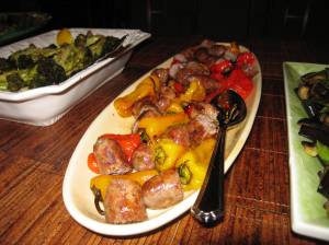 Sausage and Peppers.  Love the little baby pepers.  They stay super moist when you don't cut them up.